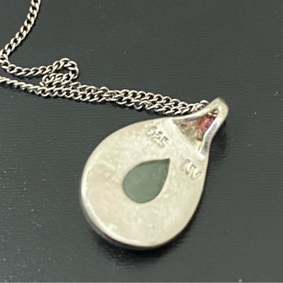 Vintage 925 NV Sterling Silver Jade Marcasite Teardrop Pendant 18” Necklace 3g. - Picture 7 of 16